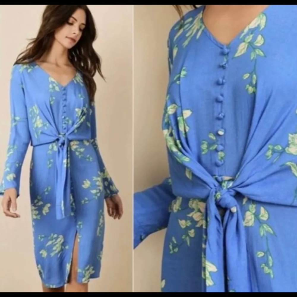 Blue Floral Faux Button, Front Tie Dress Size L